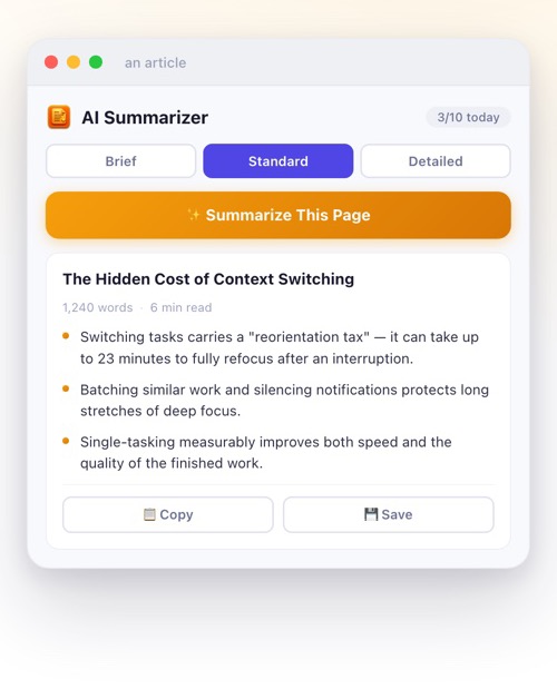 AI Summarizer popup in use