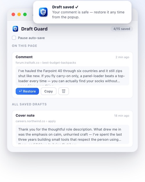 Form Draft Guard popup in use