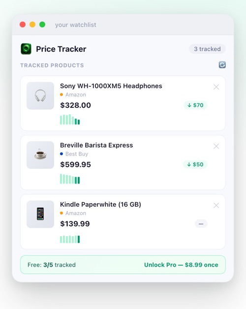Price Tracker popup in use
