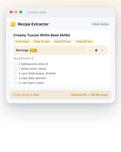 Recipe Extractor popup in use