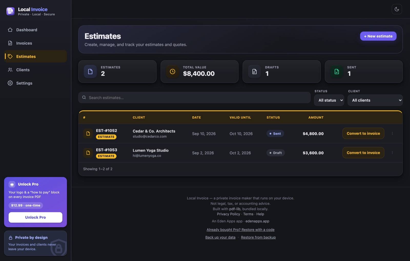 Local Invoice: estimates