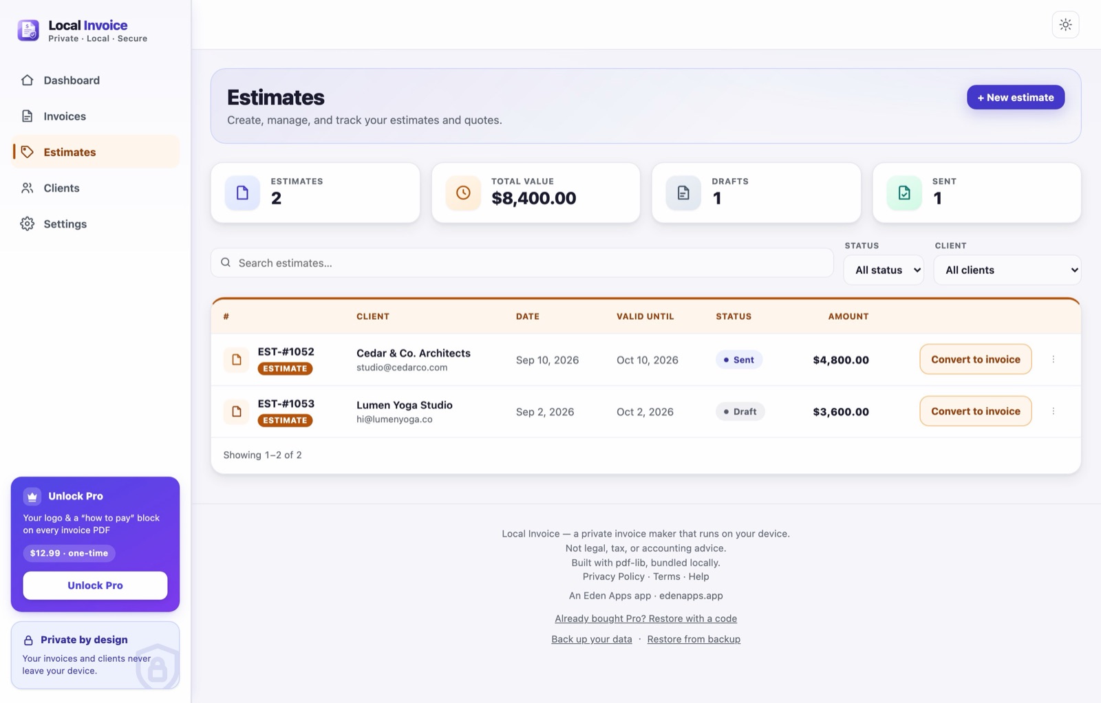 Local Invoice: estimates