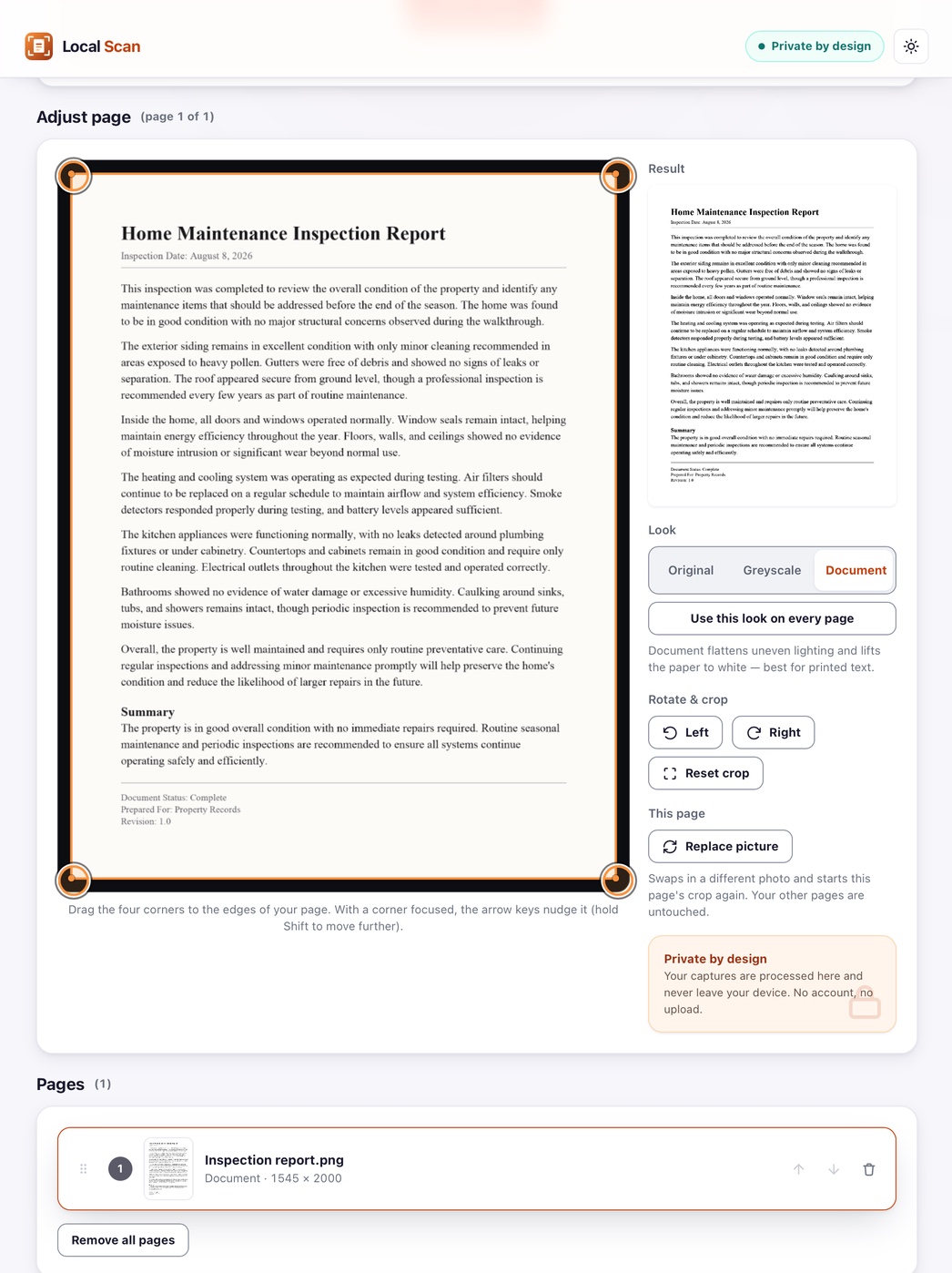 Local Scan on iPad: adjusting a scanned page